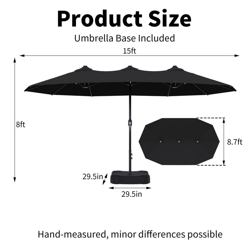 Meetleisure 15FT Large Patio Umbrella with Base Included, Outdoor Double Sided Rectangle Umbrella, Crank Handle, 12 Sturdy Ribs, for Deck Porch Pool, Black