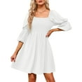 thumbnail image 4 of Babysbule Dresses For Women Ladies Solid Casual Square Neck Puff 3/4 Sleeve Smocked Chest Off Shoulder Babydoll Mini Short Dress, 4 of 9