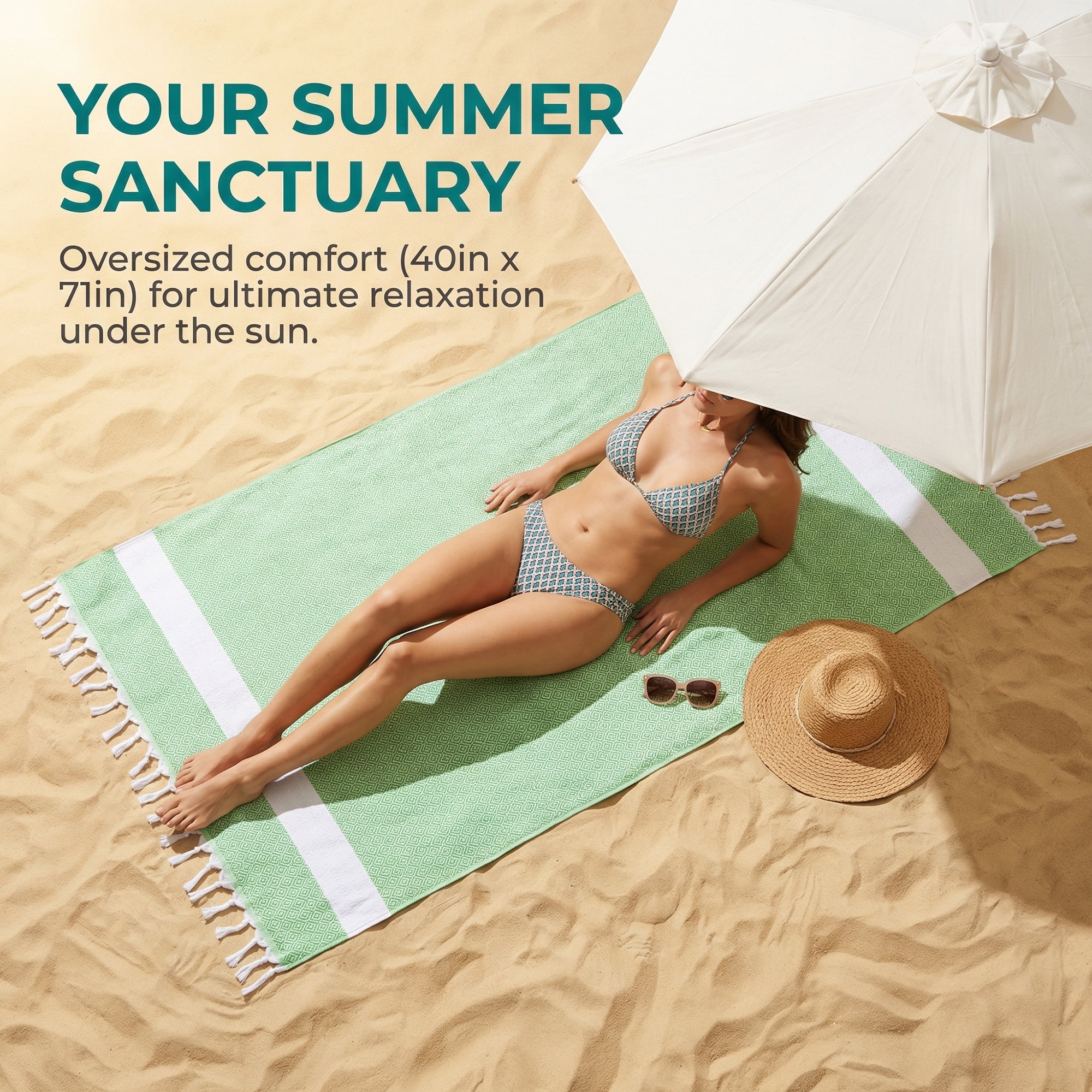Unique Bargains Geometric Sandproof Quick Dry Turkish Beach Towel Green 71" x 40"