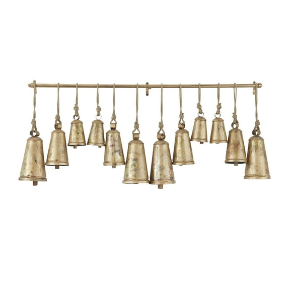 DecMode Tibetan Inspired Bronze Metal Conical Decorative Cow Bells with 12 Bells on Jute Hanging Rope and Metal Rod