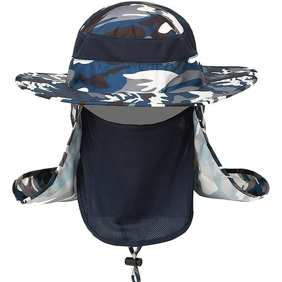Fishing Hat Outdoor UV Sun Protection Wide Brim Cap with Removable Face Cover & Neck Flap for Men & Women(Camo Blue)