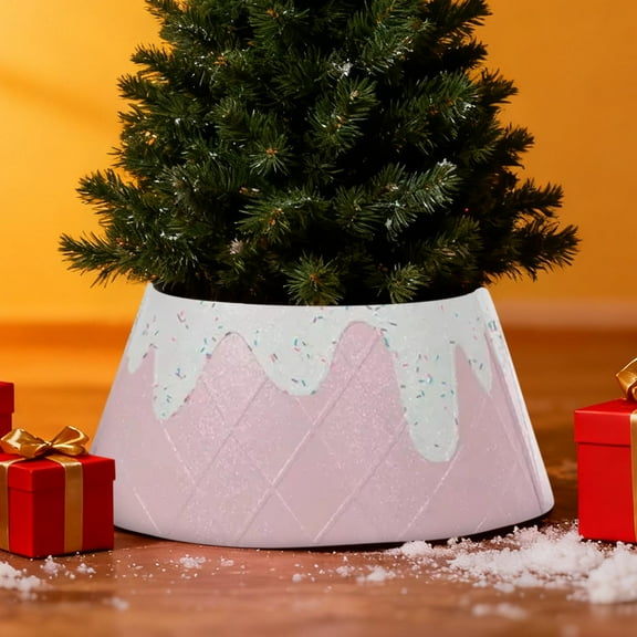 Guvpev 22" Foldable Glitter Ice Cream Cone Tree Collar, Festive Christmas Tree Skirt Collar Base Cover, Stylish Tree Collars for Artificial Trees, Holiday Home Decorations