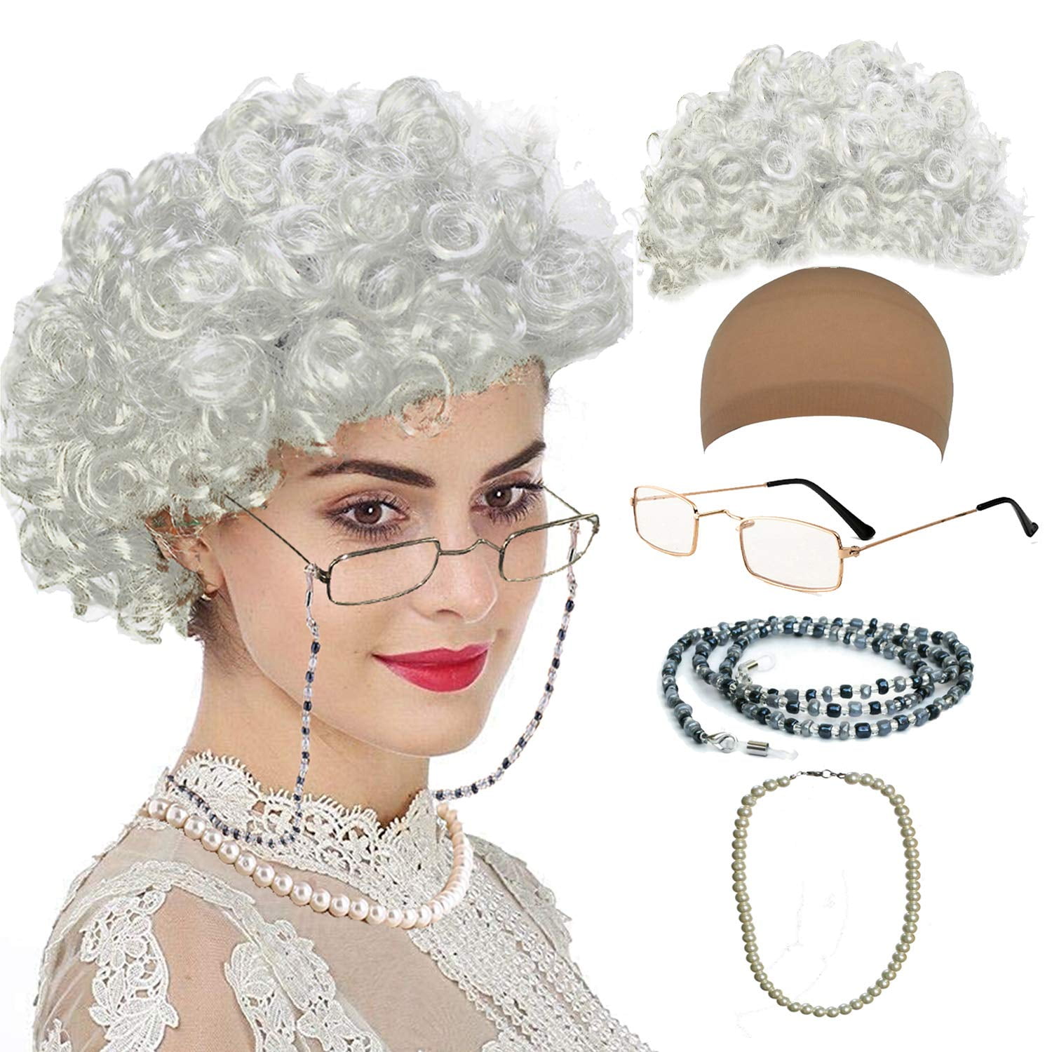 Mrs Clause Wig,Old Lady Costume Characters Set for Women,Madea Granny Glass,Faux Pearl Beads