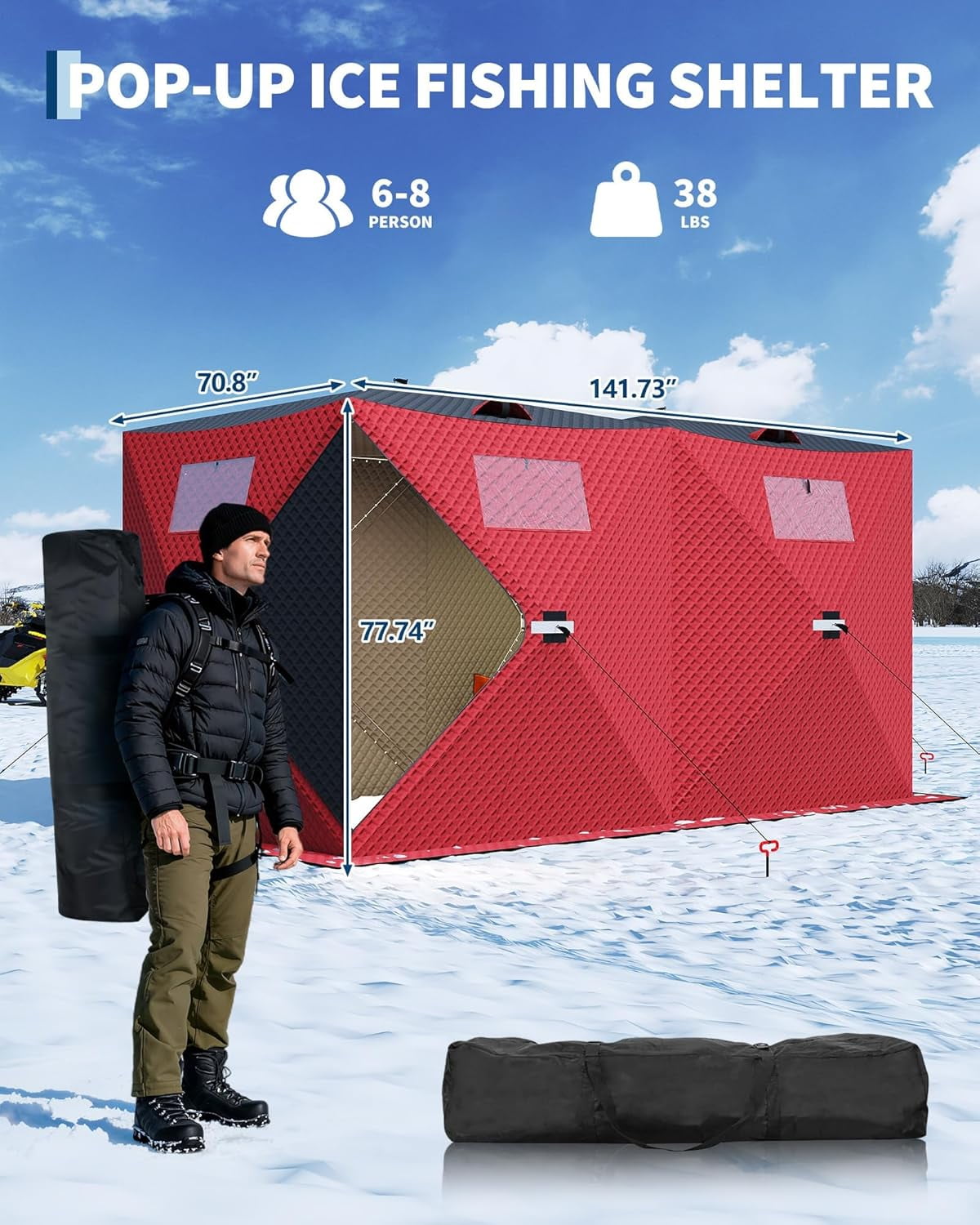 Lumiparty Pop Up Ice Fishing Tent Fully Insulated, Portable 6-8 Person Ice Fishing Shelter, Waterproof Oxford Fabric, Winter Windproof Hut Snow Hub with Anchors, Ropes & Carry Bag, Red & Black