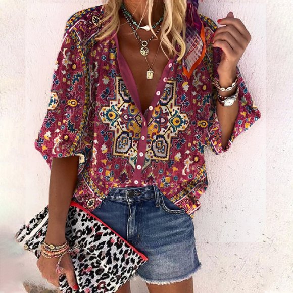 EQWLJWE Long Sleeve Shirts For Women Clearance Women Loose Tops V-Neck 3/4 Sleeve Retro Symmetric Print Pattern Front Button Cardigan Shirt Tops T-shirt