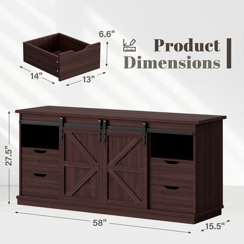 Vineego 70 inch Farmhouse TV Stand for Living Room, Entertainment Center with Sliding Barn Doors & 4 Storage Drawers, Adjustable Shelves Rustic Media Console for Bedroom,Brown