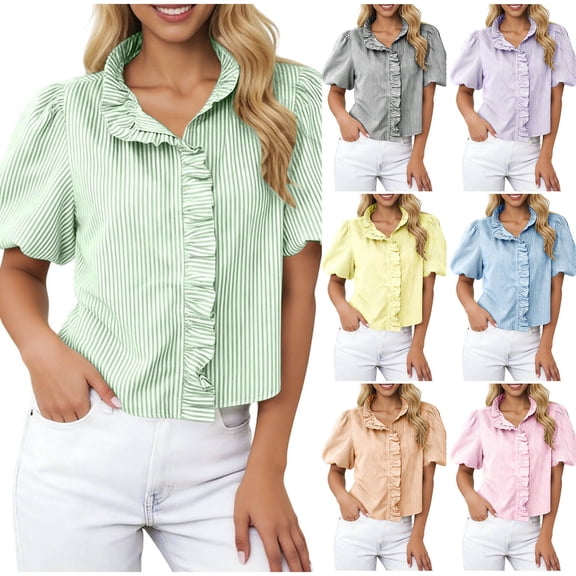 Women's Striped Puff Sleeve Button Down Blouse Tops Shirts Tunic Ruffle Trim Crewneck Loose Fit Casual Daily Wear Work Office Vacation Fashion Essential | CSEONE,Green L