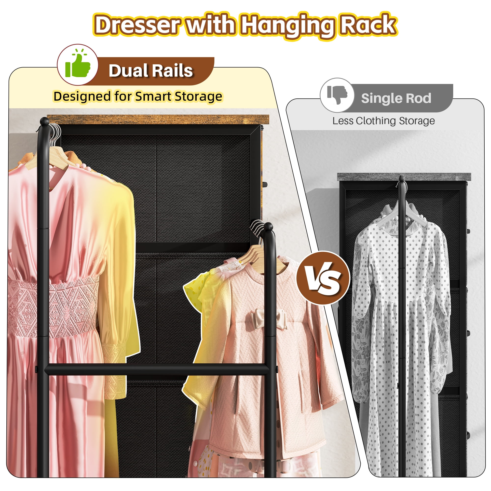 EnHomee Fabric Dresser with 2 Hanging Racks Small Dresser with 4 Drawers for bedroom Small Closet with Clothes Rack, Rustic Brown