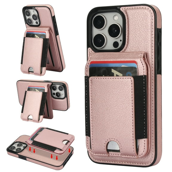 Compatible WIth Magsafe 2 in 1 Detachable iPhone 16 Pro Shockproof Rugged Wallet Phone Case with Card Holder,Magnetic PU Leather RFID Blocking Flip Kickstand Credit Slots,Rosegold