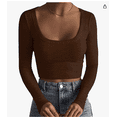 thumbnail image 1 of Faithtur Women Short Shirt Long Sleeve Deep Round Neck Solid Color Knit Crop Tops Street Casual Party Street Spring Fall Tops, 1 of 2