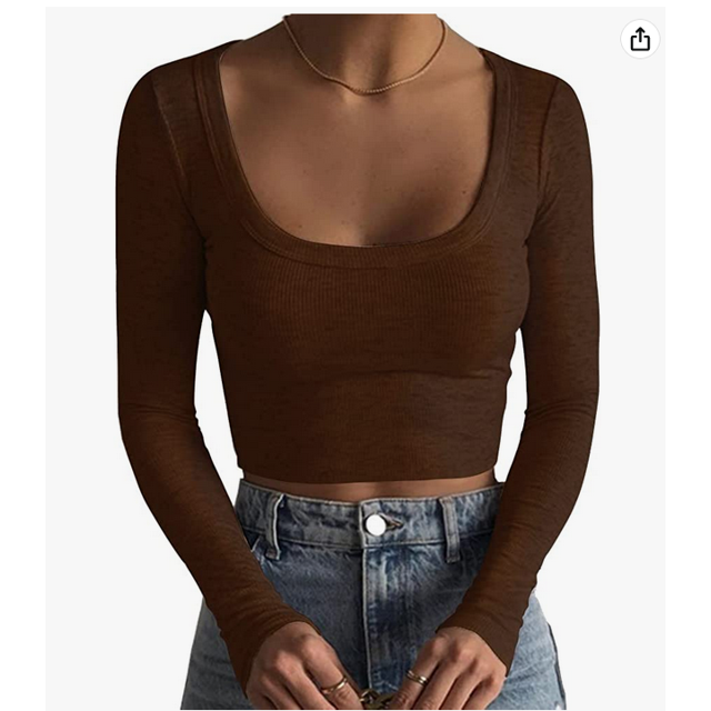 Faithtur Women Short Shirt Long Sleeve Deep Round Neck Solid Color Knit Crop Tops Street Casual Party Street Spring Fall Tops