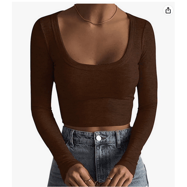 Txlixc Blusa de corte de punto sólido de manga corta, manga larga y cuello redondo profundo para mujeres fiesta de ocio callejero blusa de primavera y otoño callejero Txlixc moda