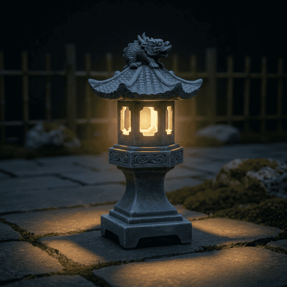 Japanese Resin Pagoda Lantern Garden Statue - Solar Outdoor Zen Garden Decor