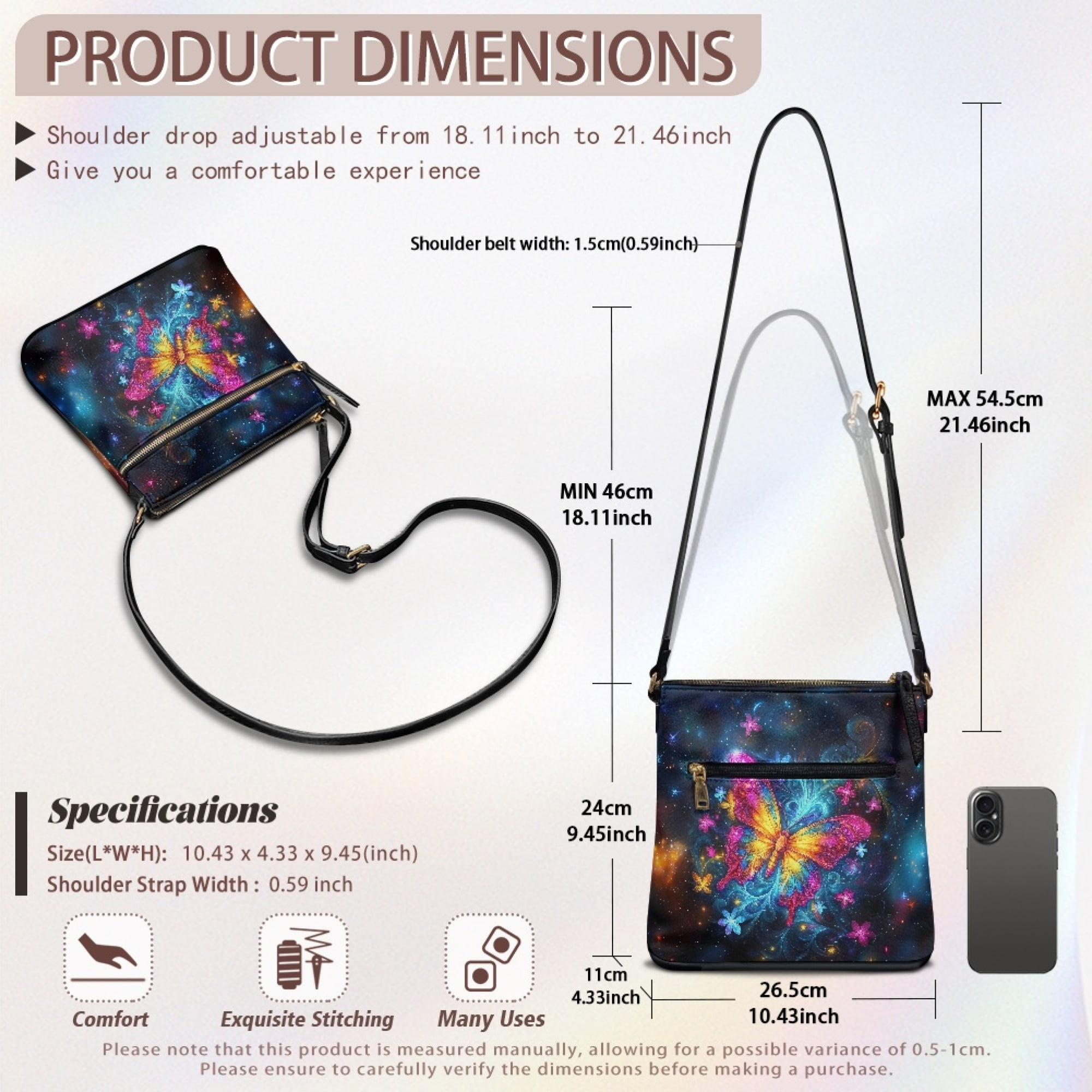Kuiaobaty Butterfly Flower Galaxy Print Women's Crossbody Bag, Medium Size Portable Leather Satchel Purse Crossbody, Waterproof Messenger Handbag with Adjustable Strap for Travel