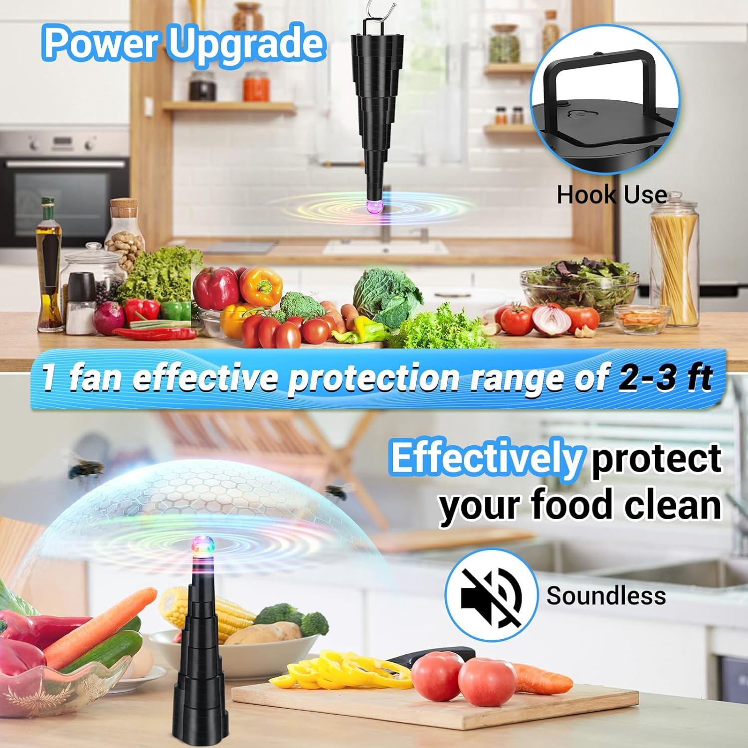 6-PACK Fly Fans for Tables, Rechargeable Fly Fan Table Top Fan with LED Light, Fly Spinner with Soft Holographic Blades for Picnic, Restaurant, Party, Home, and BBQ
