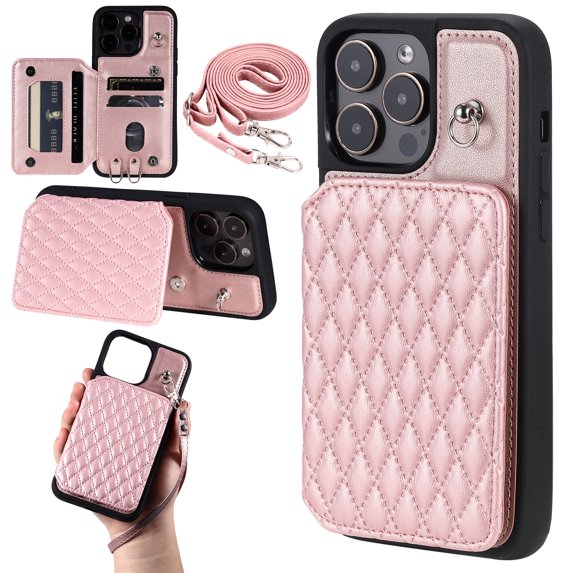 Case for iPhone 13 Pro Max 6.7", Detachable Crossbody Strap Wallet Case with Card Slots, Stand Ring Flip PU Leather Protective Cover Lanyard for Women for iPhone 13 Pro Max, Rosegold
