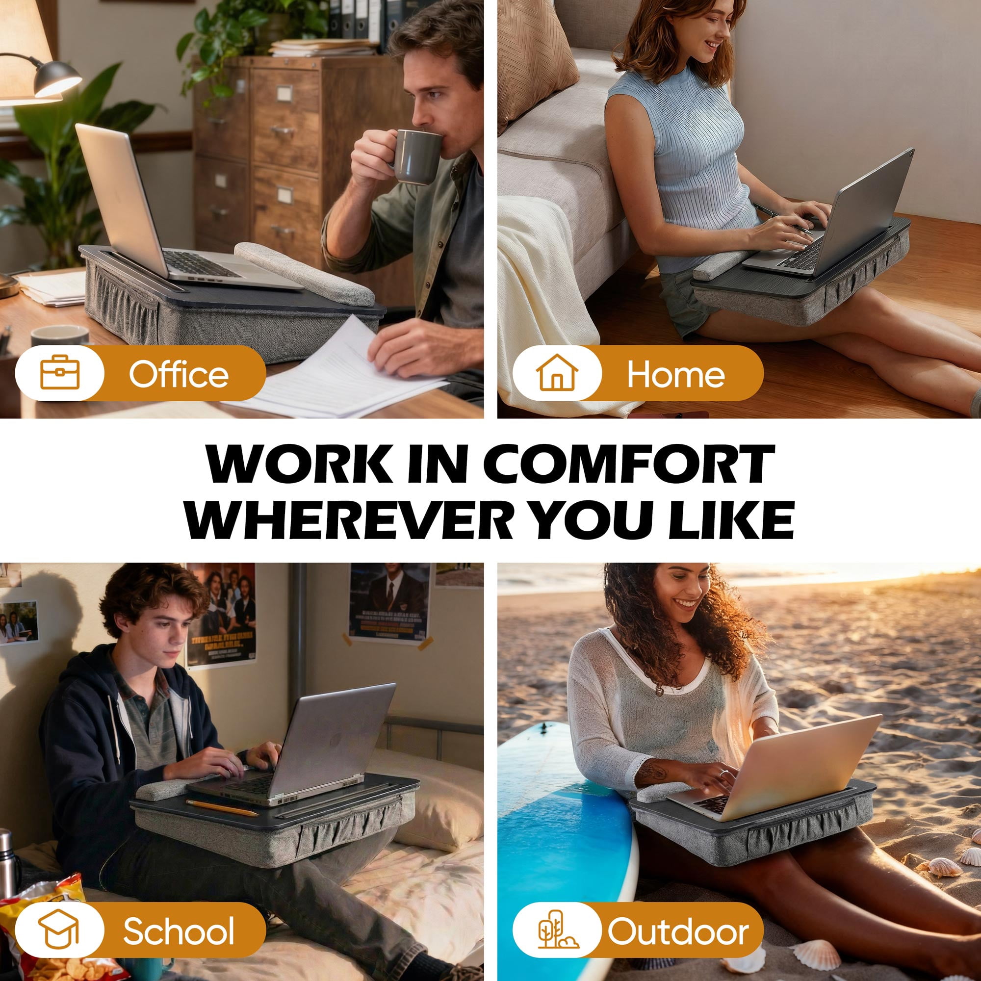Coliware Lap Desk with Pillow Cushion, Portable Laptop Desk with Anti-Slip Strip Wrist Rest & Storage Function Fits Up to 15.6” Laptops, Laptop Stand for Home Office, Black Book Tablet
