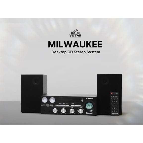 VICTOR Milwaukee 50 Watt Desktop Bluetooth Stereo System with CD/MP3 Player, FM Radio, Functioning VU Meters, and Detached Stereo Speakers, Silver (VDTS-4400-SL)