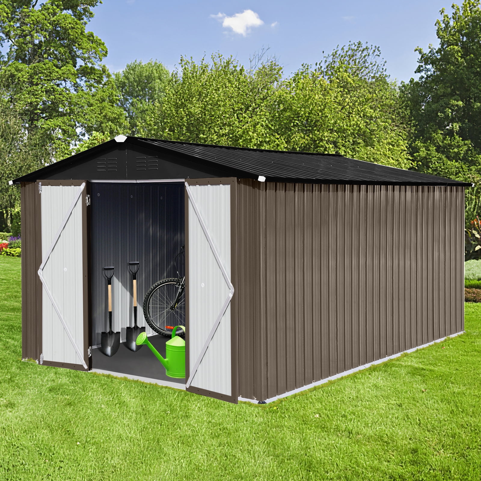 10x12FT Outdoor Metal Storage Shed Tool Bike Generator Weatherproof with Shutter Vents Floor for Garden Patio Backyard, Brown Black