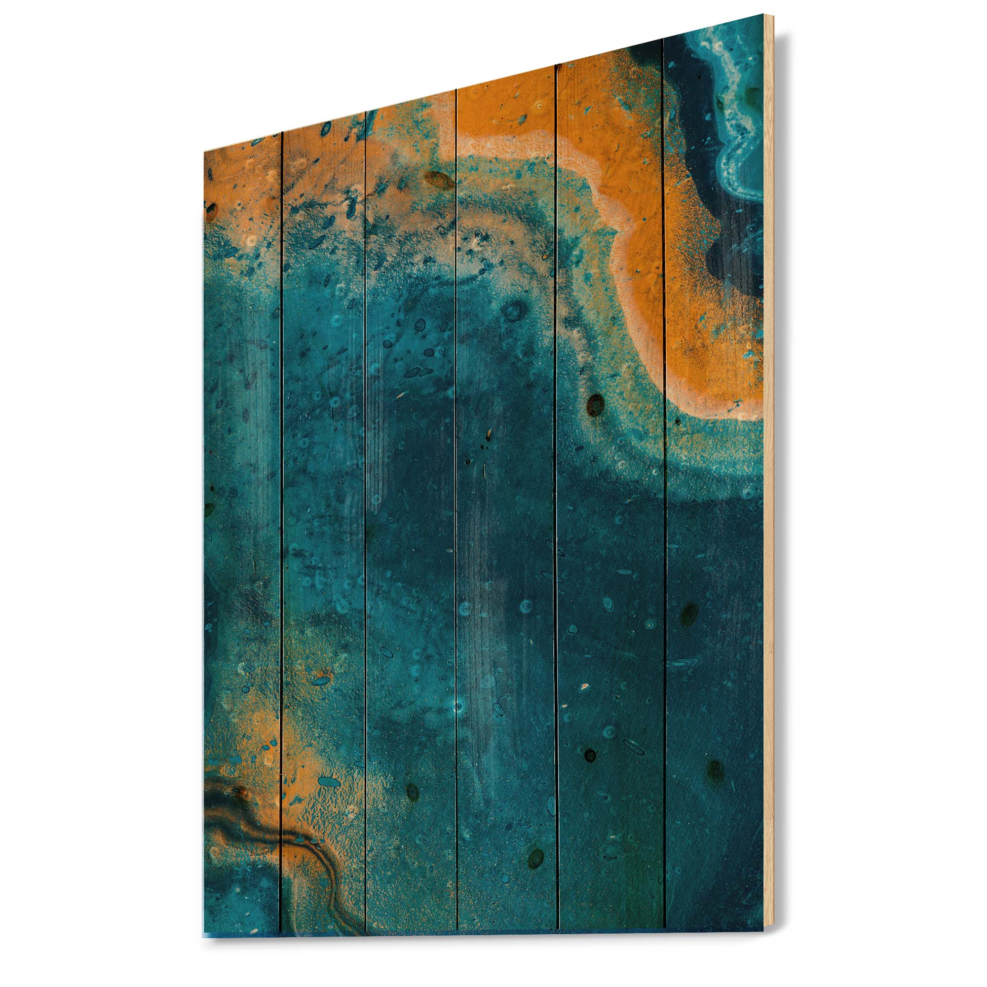 Designart 'Abstract Marble Composition In Orange and Blue V' Modern Print on Natural Pine Wood