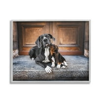 Stupell Industries Dogs on Doorstep Animals & Insects Painting Gray Framed Art Print Wall Art, 20 x 16