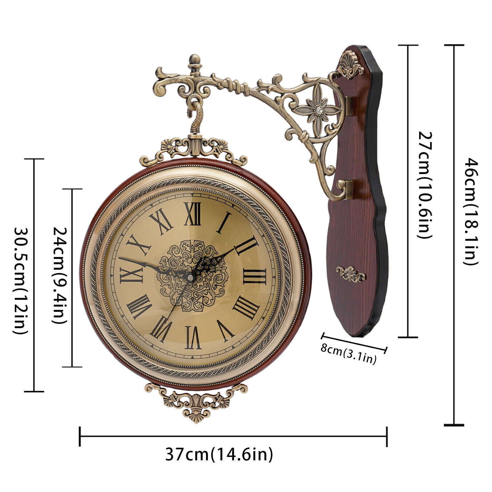 Double Sided 12" Wall Clock Antique Style  Wall Clock Vintage Wall-Mounted Clock with Silent Movement Wall Art Clock for Home Cafe Hotel