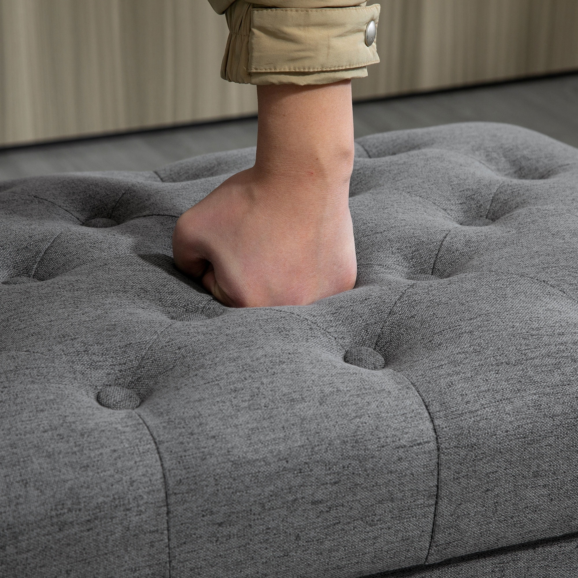 HOMCOM Ottoman with Storage for Living Room, 25" Storage Ottoman with Removable Lid, Button-Tufted Fabric Bench for Footrest and Seat with Wood Legs, Gray