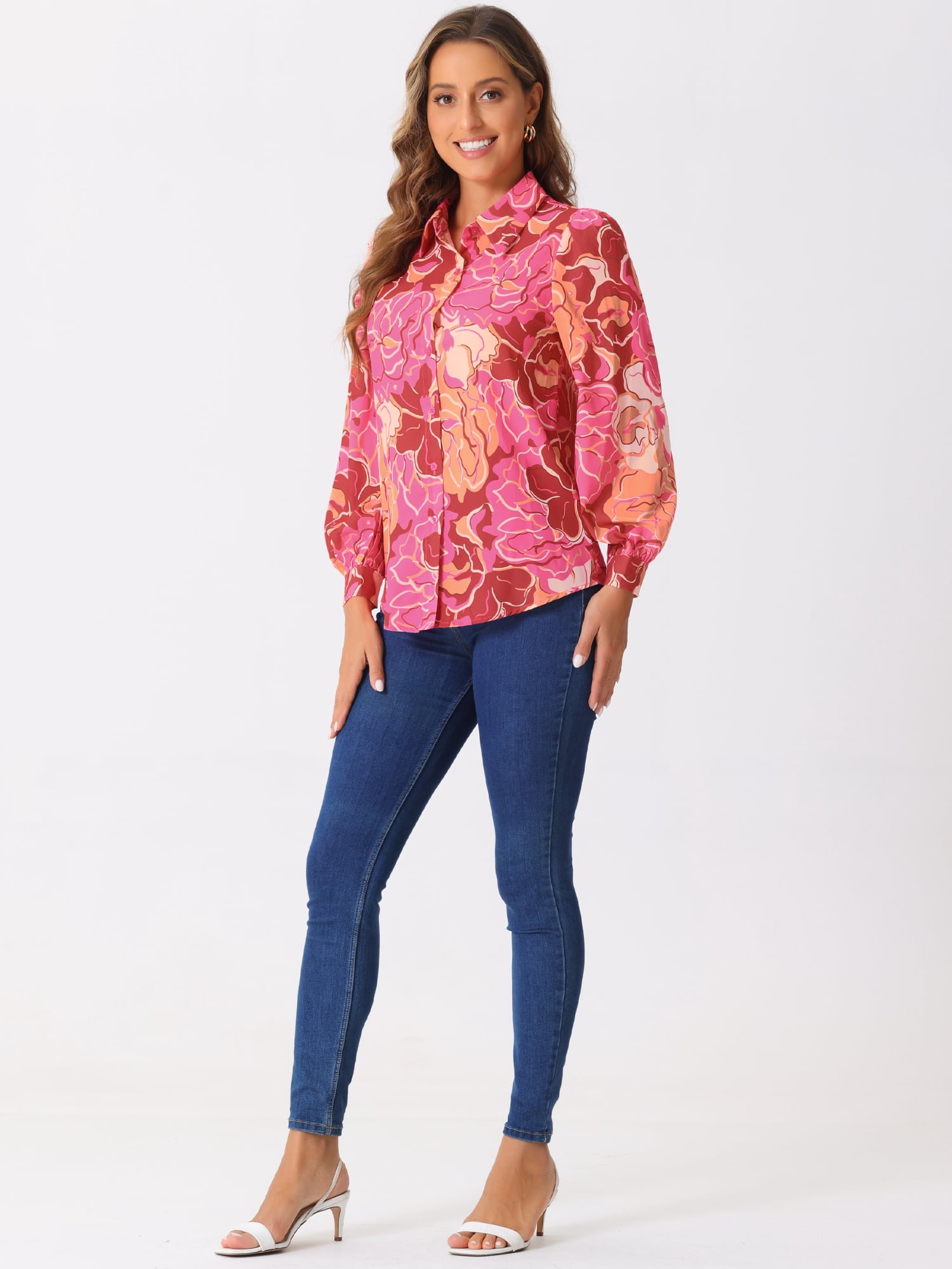 DARING DIVA Women's Button Down Floral Print Chiffon Tops XS Red