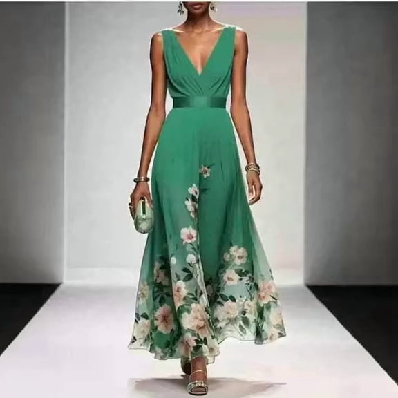 2026 New Women's Light Blue Floral Print Deep V Neck Sleeveless Chiffon Maxi Dress Elegant Wedding Guest Formal Dress