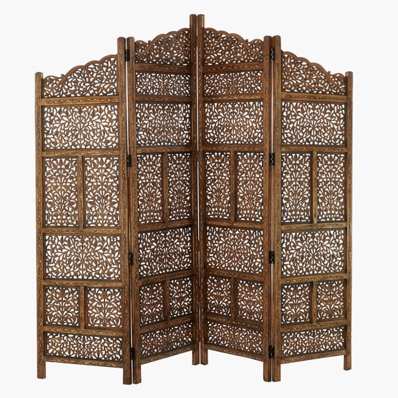 DecMode 80" x 72" Brown Wooden Floral Handmade Foldable Partition 4 Panel Room Divider Screen with Carved Designs, 1-Piece