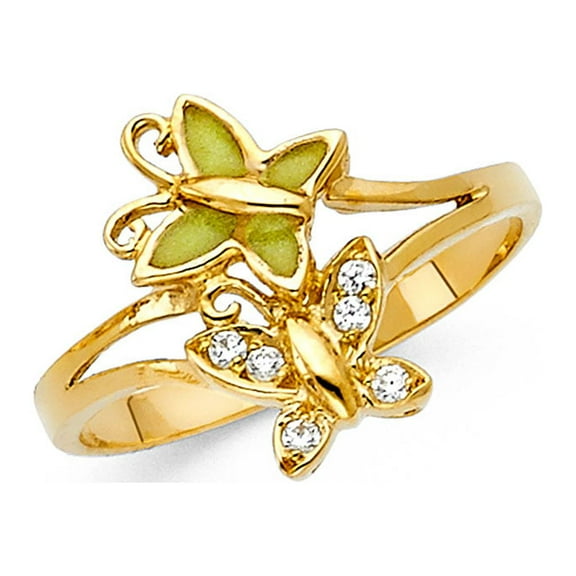 14k Yellow Gold CZ Butterfly Ring CZ Two Butterflies Band Curve Stylish Polished Fancy Size 7