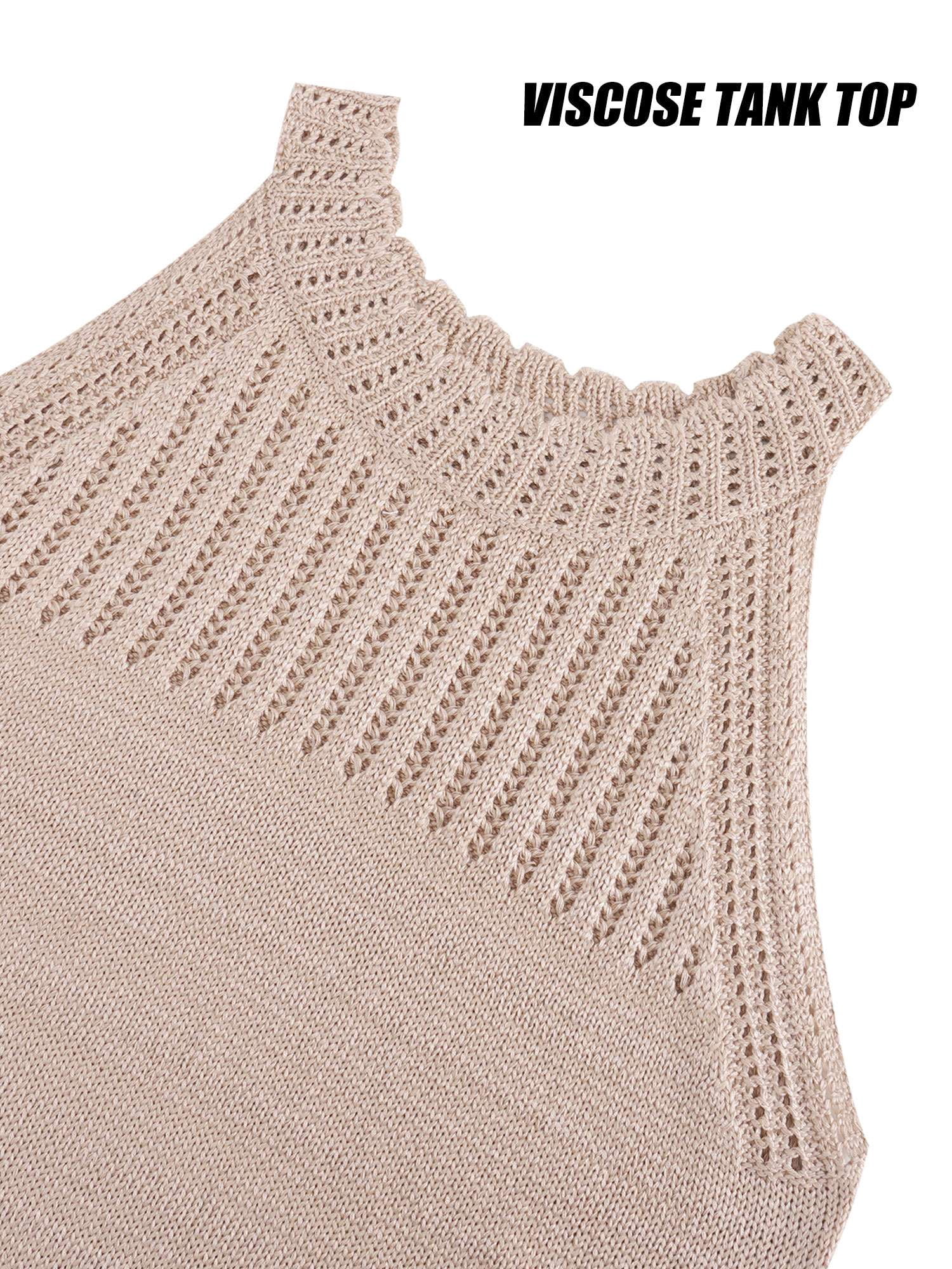 Deago Women's Summer Knit Halter Tank Tops Crochet Hollow Out Sleeveless Casual Racerback Cami Sweater Vest (Khaki, S)