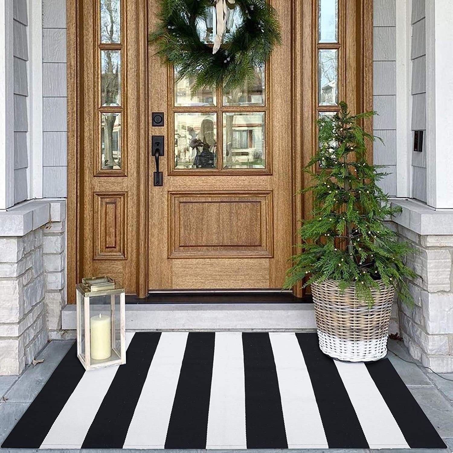 Black And White Striped Outdoor Rug Front Porch Rug Front - Temu