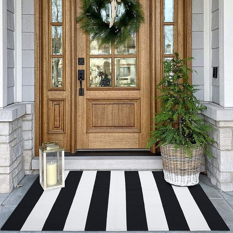 Stripe Black White Cotton Woven Rug Outdoor Indoor Rugs Front Door