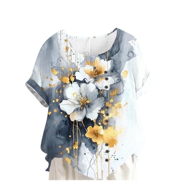 Camisas de Manga Corta para las Mujeres Moda Casual de Manga Corta Cuello Redondo Cómodo Botón de Blusa de Lino Regular Top de Verano de Manga Corta para las Mujeres
