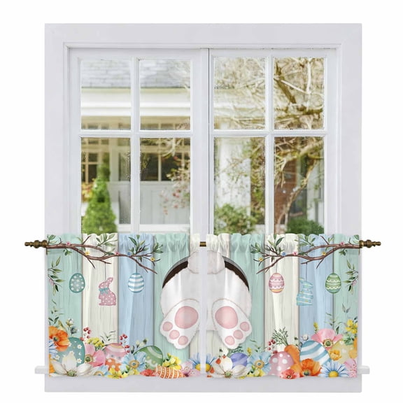 Easter Tier Curtains 36 Inch Length, Spring Watercolor Bunny Eggs Wood Grain Teal Blue Cafe Short Curtains for Bathroom Over Sink, Small Kitchen Curtain Light Filtering Drapes 2 Panels 27.5"Wx36"L