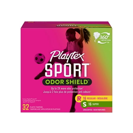 product image of Playtex Sport Odor Shield Multi-Pack Regular And Super Plastic Applicator Tampons, 32 Ct, 360 Degree Sport Level Period Protection, Traps Leaks, No-Slip Grip Applicator, Moves With You