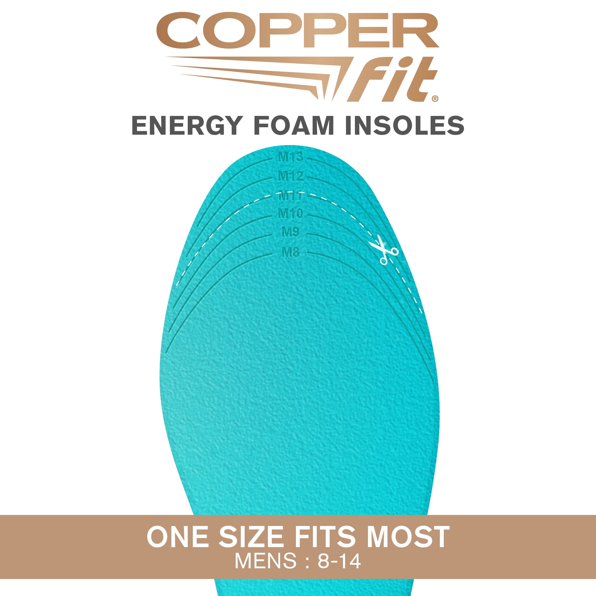 Copper Fit® Energy Foam Insoles, Rebound Cushion, Anti-Impact & Fatigue, Men’s Size 8-14