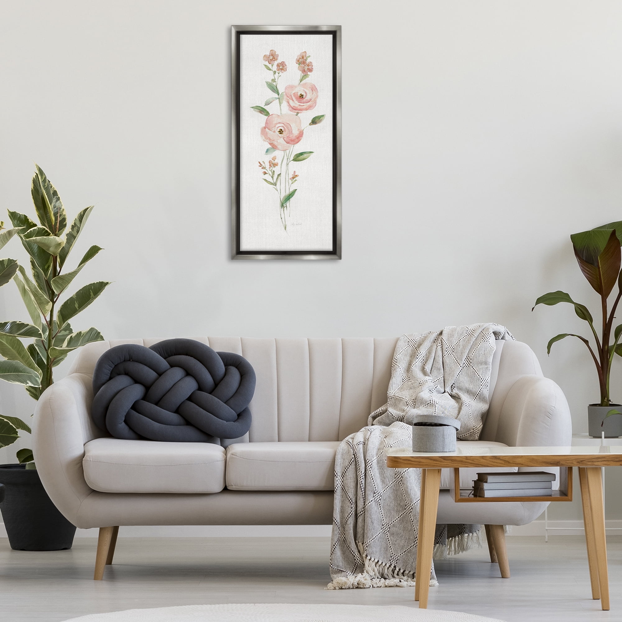 Stupell Industries Soft Rose Sprigs Botanical & Floral Painting Gray Floater Framed Art Print Wall Art, 15 x 31