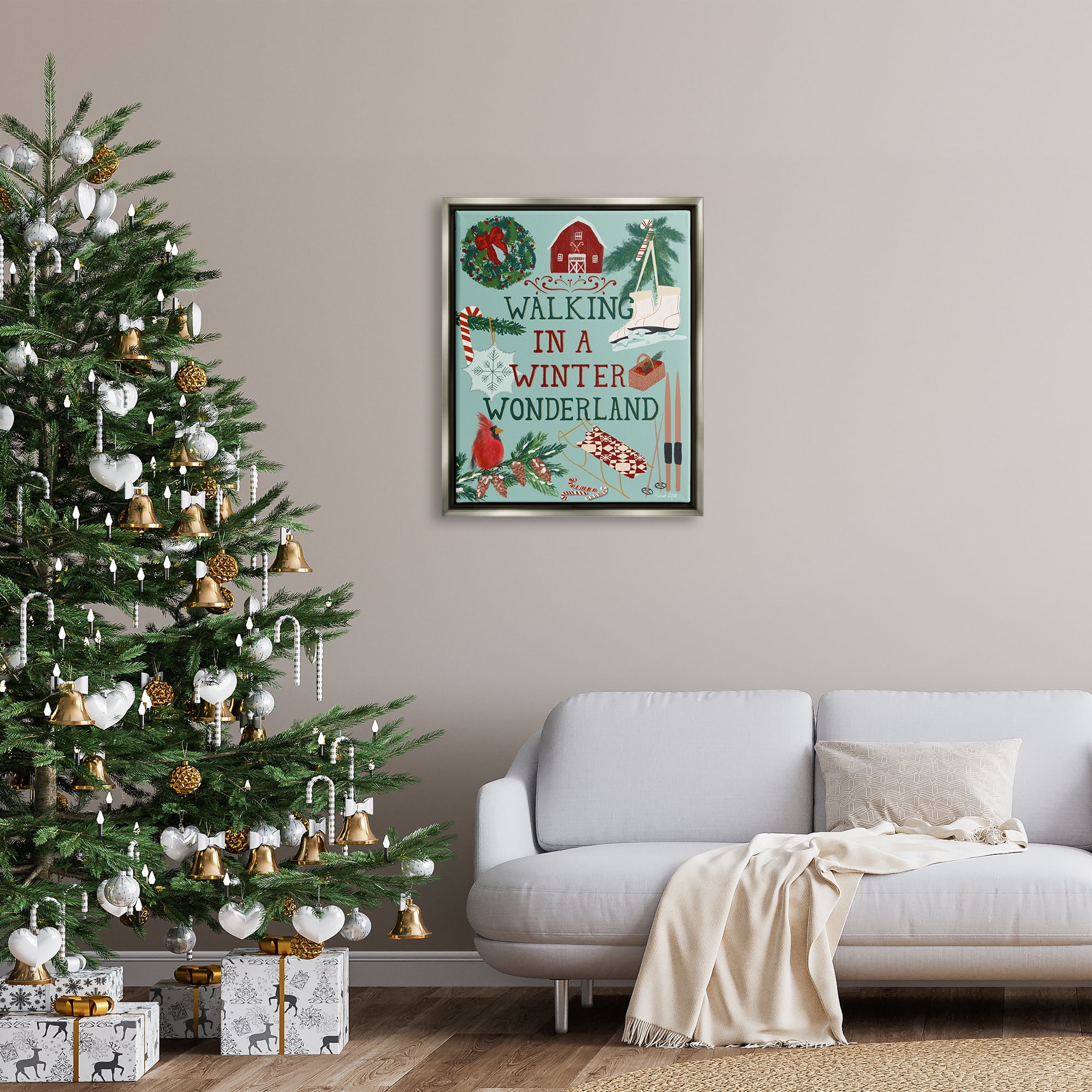 Stupell Industries Winter Wonderland Phrase Holiday Painting Gray Floater Framed Art Print Wall Art, 25 x 31
