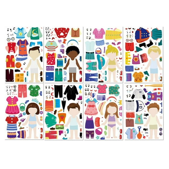 8 Sheets Childrens Dress Up Sticker Creative Pretend Play Toy Jigsaws Education Sticker Waterproof Decorative Sticker