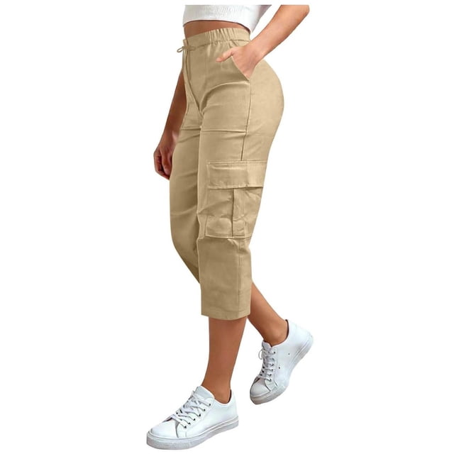 FYEGRE Cargo Capris for Women Summer Casual Loose Capri Pants with Pockets Plus Size High Waisted Work Button Cropped Pant Beige2 XXL