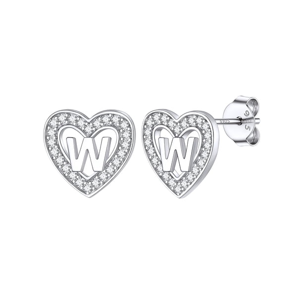 Pendientes de corazón de plata esterlina Silvora con Letra W Pequeños de amor CZ Joyería hipoalergénica