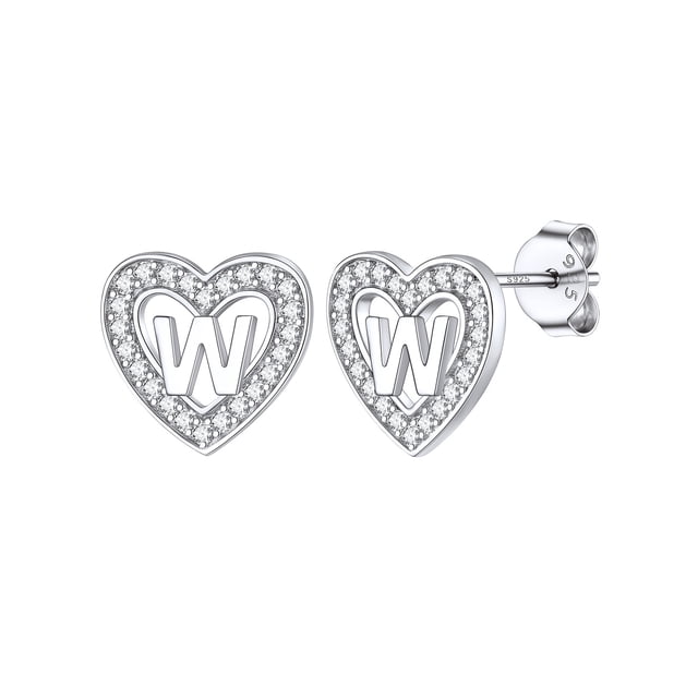 Pendientes de corazón de plata esterlina Silvora con Letra W Pequeños de amor CZ Joyería hipoalergénica