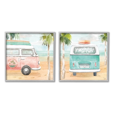 Stupell Industries Tropical Beach Vacation Van Painting Gray Framed Art Print Wall Art  Set of 2 Design by Dina June