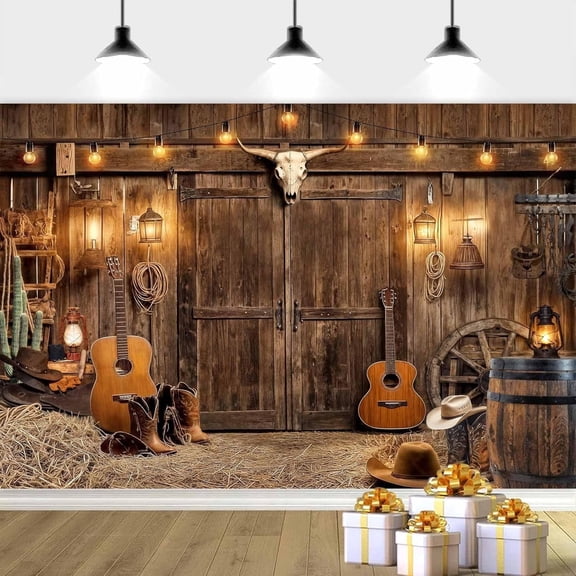 7 x 5 ft Western Cowboy Backdrop Rustic Wood Backdrop, Wood Barn Door Photography Background Western Party Decorations Birthday Party Baby Shower Decor Banner Photo Booth Props, Brown-3