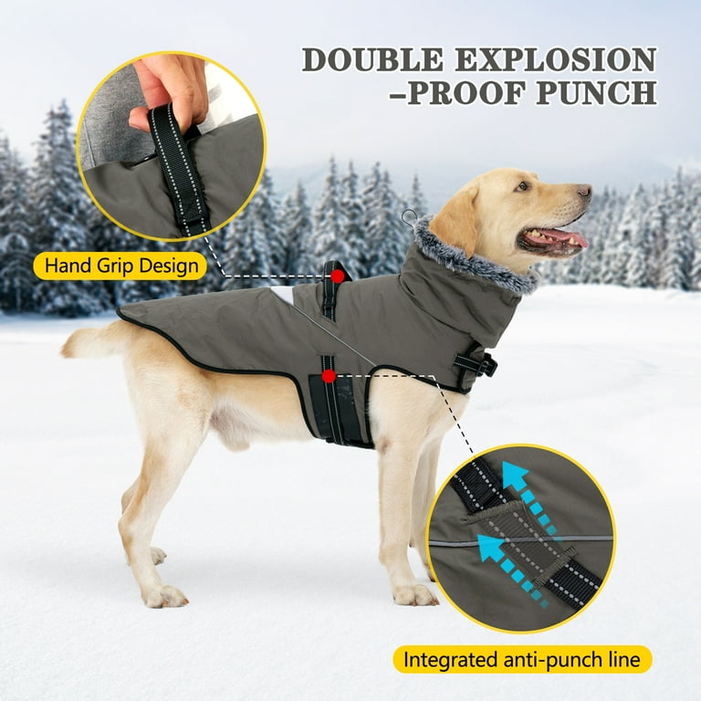 BT Bear Dog Harness Jacket High Collar Reflective Dog Jacket with Handle Warm Dog Cold Weather Coat Pet Coat Vest for Small Medium Large Dogs Grey