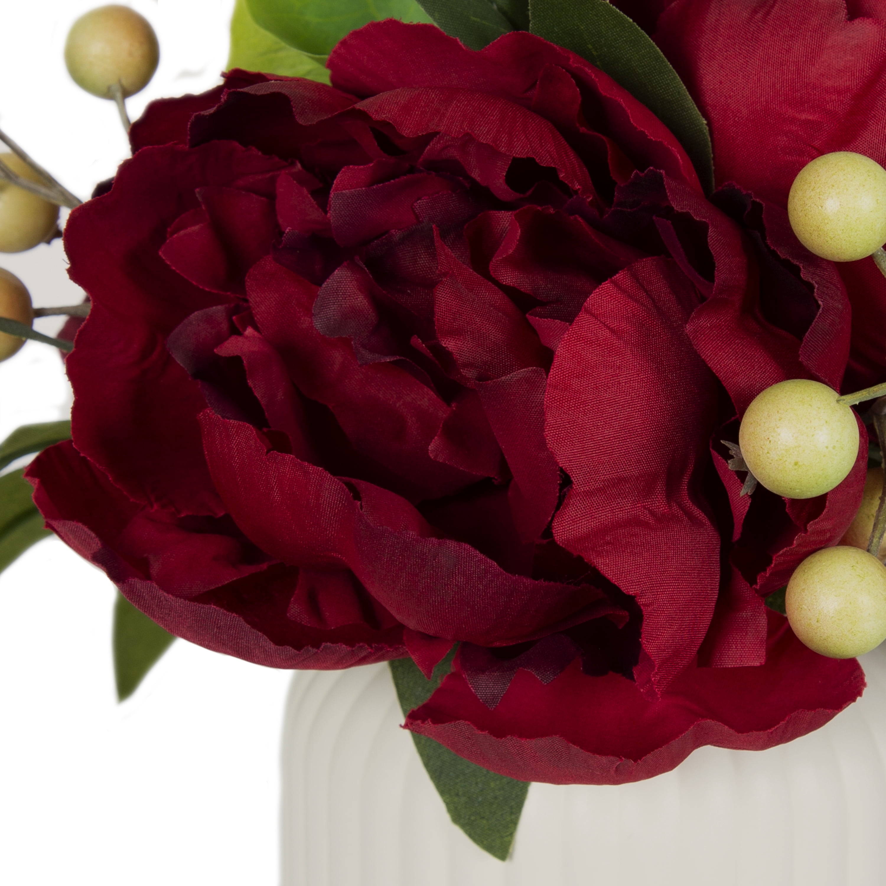 Better Homes & Gardens 12.75" Artificial Red Peony Flowers in Ribbed off-White Ceramic Vase