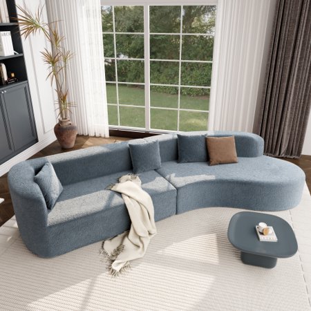 U_Style 132-inch Modern Sectional Sofa with Curved Design, 2-Piece Chenille Modular Couch with 4 Pillows, No Assembly Required, Plush Sponge & Spring Cushion for Living Room, Dark Blue