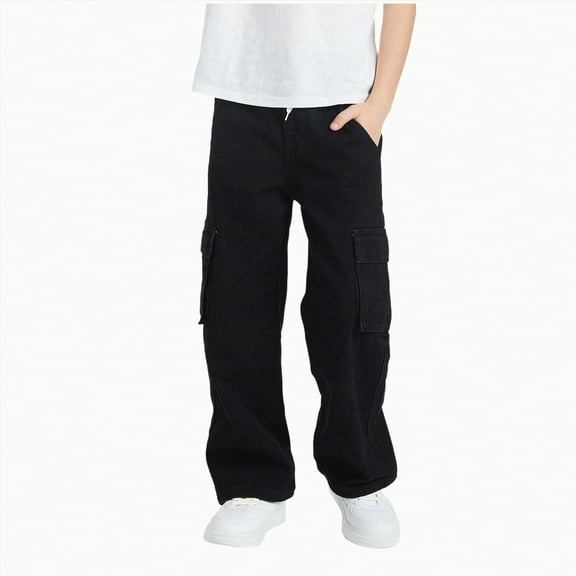 Hessimy Boys Cargo Pants Wide Leg Baggy High Elastic Multi Pockets Lightweight Cotton Straight Trousers School Teens (Black,12-13 Years)